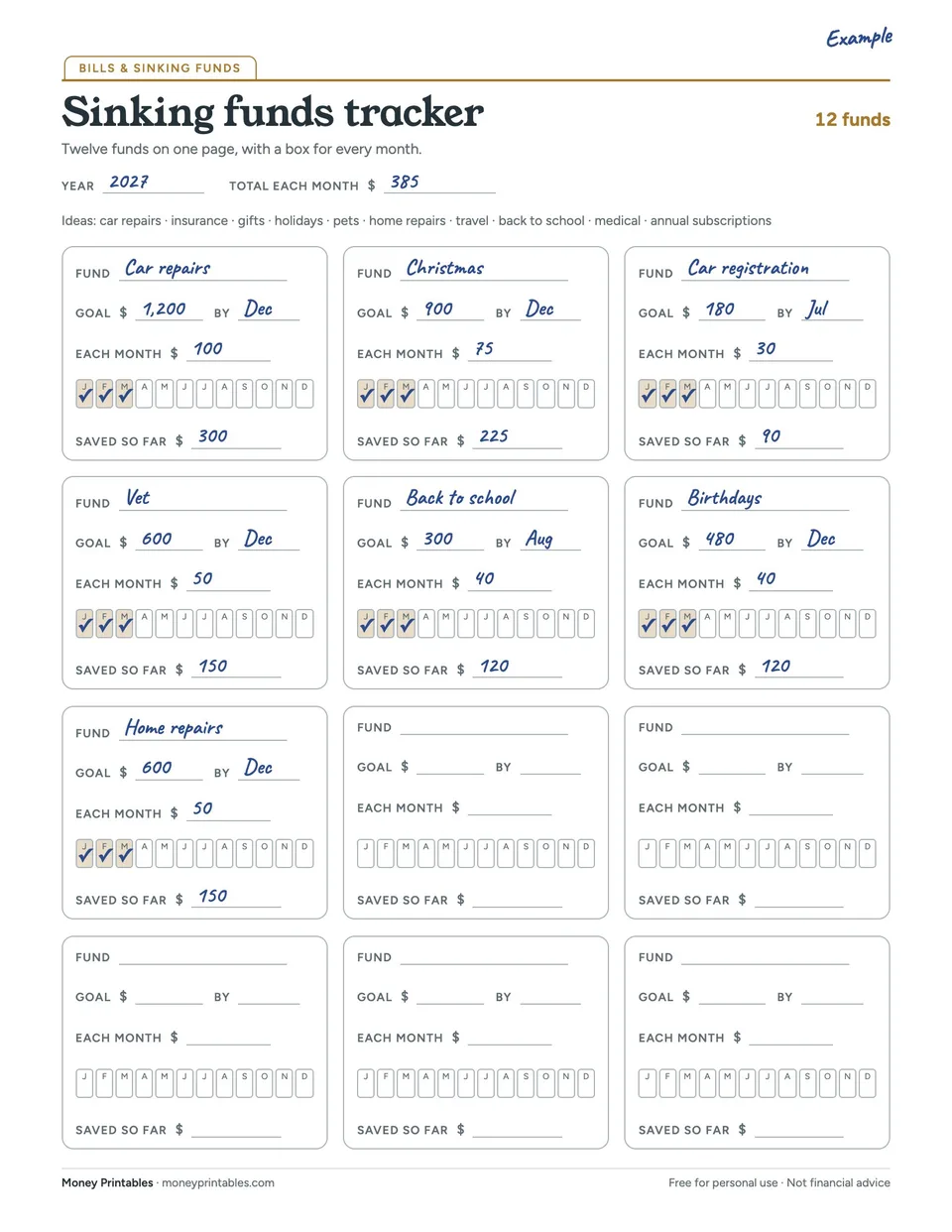 Example of the Sinking funds tracker printable filled in
