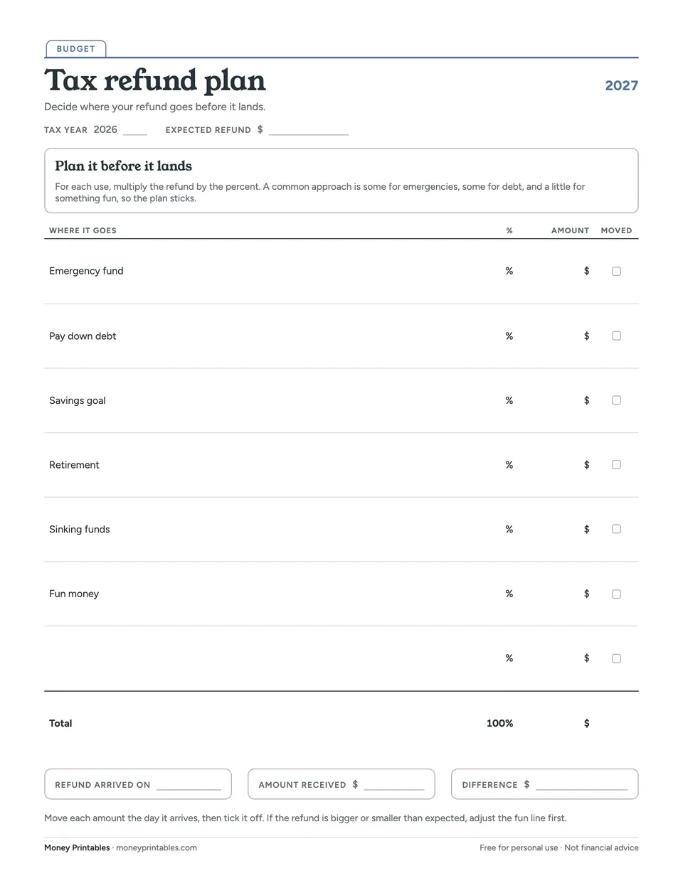 Preview of the Tax refund plan printable