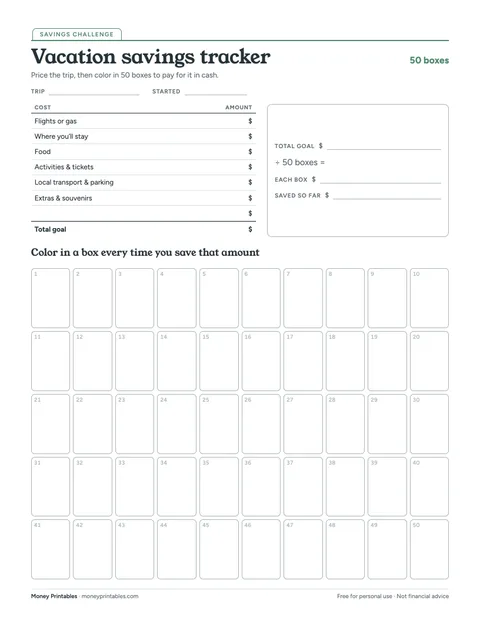Preview of the Vacation savings tracker printable