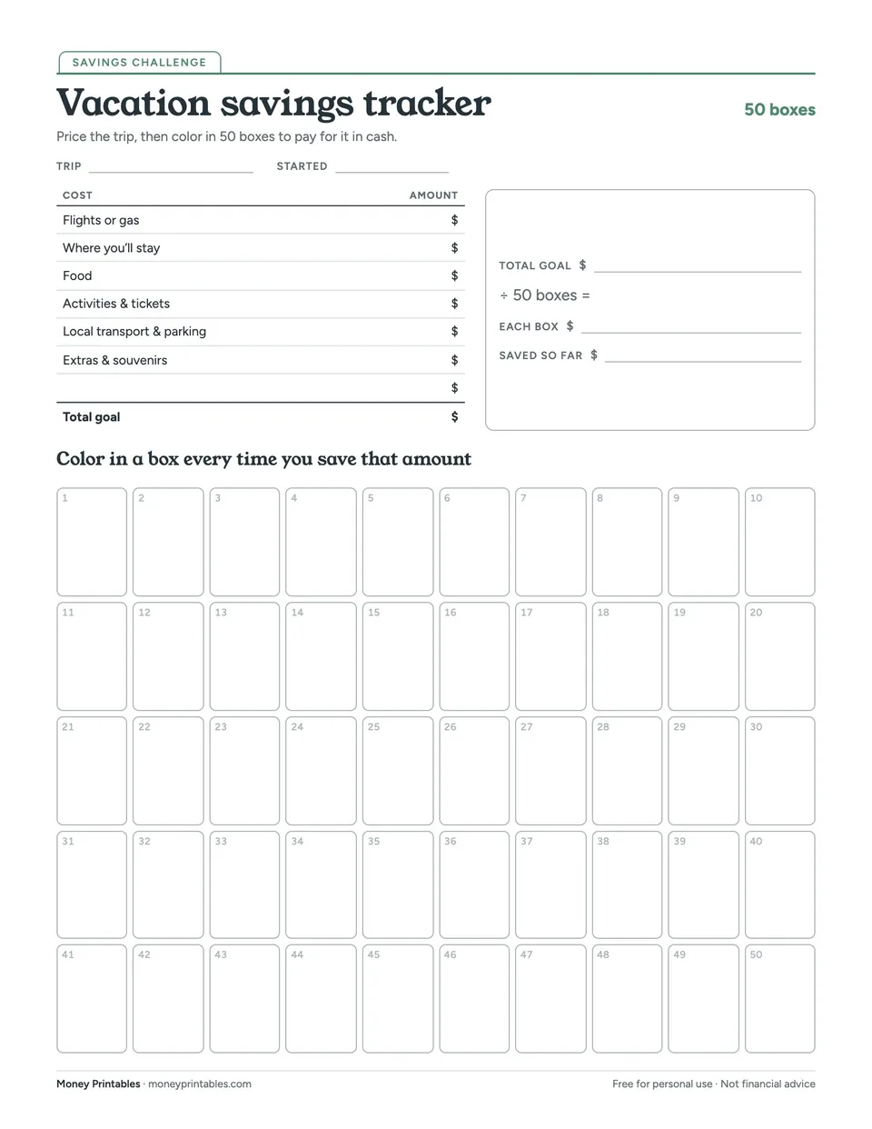 Preview of the Vacation savings tracker printable