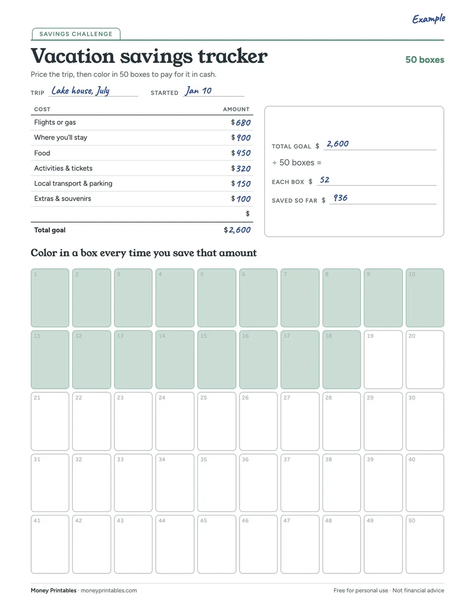 Example of the Vacation savings tracker printable filled in