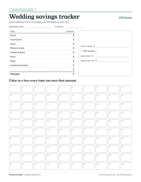 Preview of the Wedding savings tracker printable