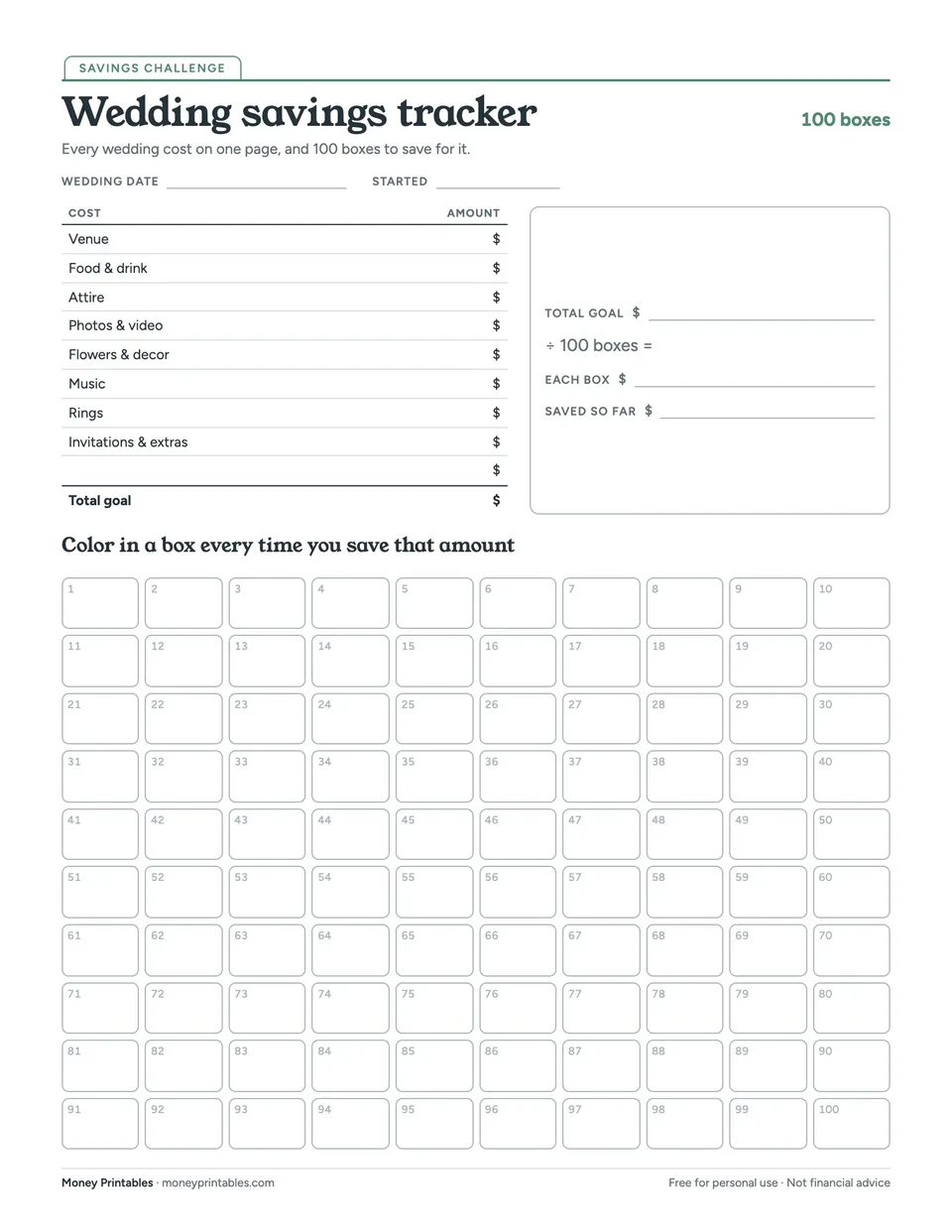 Preview of the Wedding savings tracker printable
