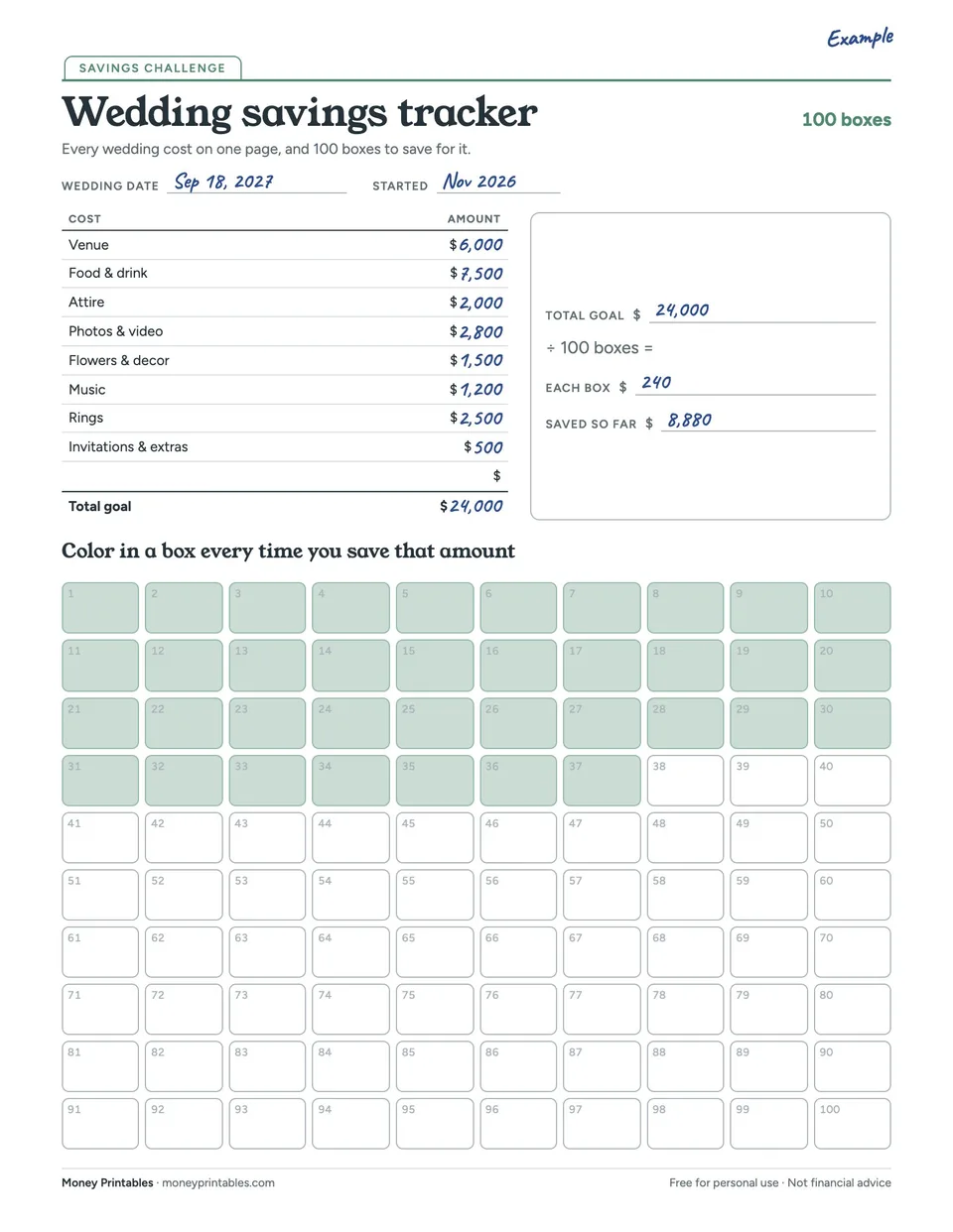 Example of the Wedding savings tracker printable filled in