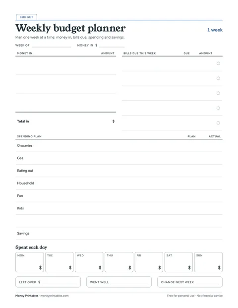 Preview of the Weekly budget planner printable