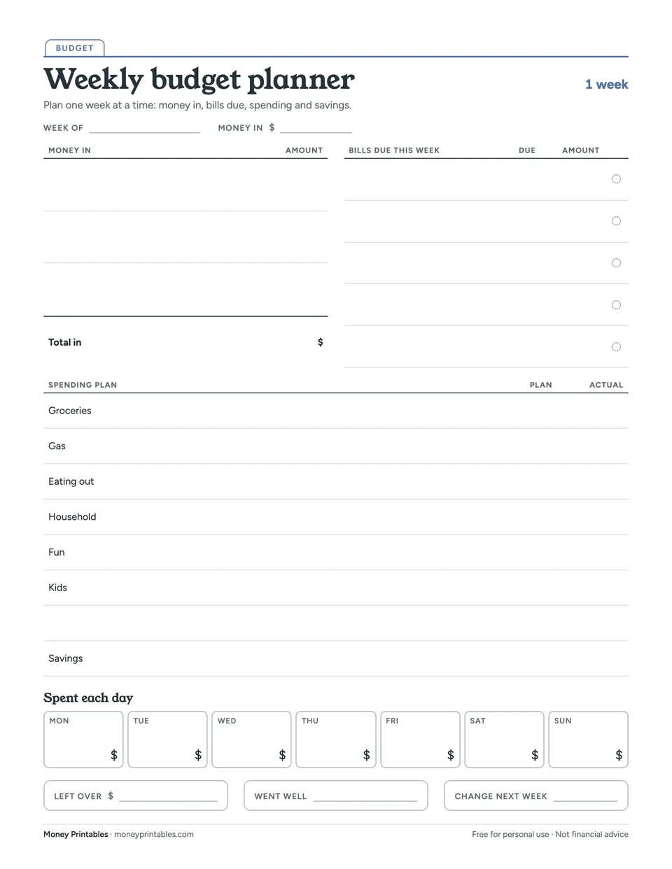 Preview of the Weekly budget planner printable